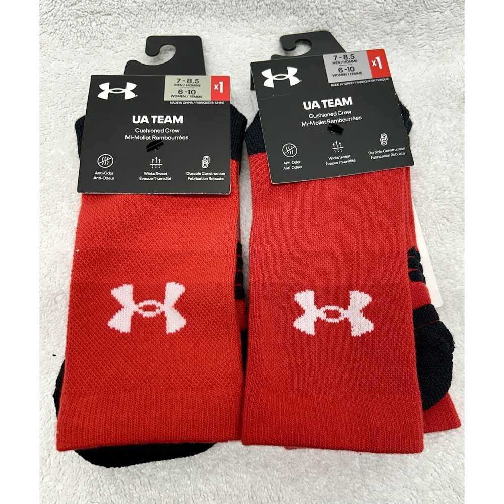 Lot of 2 Under Armour Team Men's 7-8.5/Women's 6-10 Red Cushioned Crew Socks